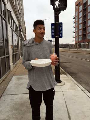 Trevor Davis braves the Green Bay cold without a winter jacket.